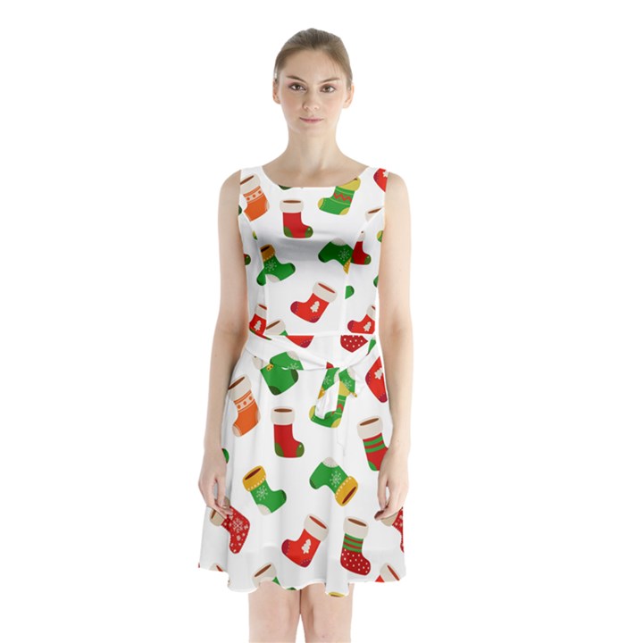 Christmas socks  Sleeveless Waist Tie Chiffon Dress