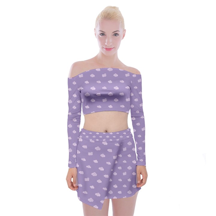 Pink Clouds On Purple Background Off Shoulder Top with Mini Skirt Set