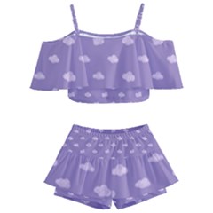 Pink Clouds On Purple Background Kids  Off Shoulder Skirt Bikini by SychEva