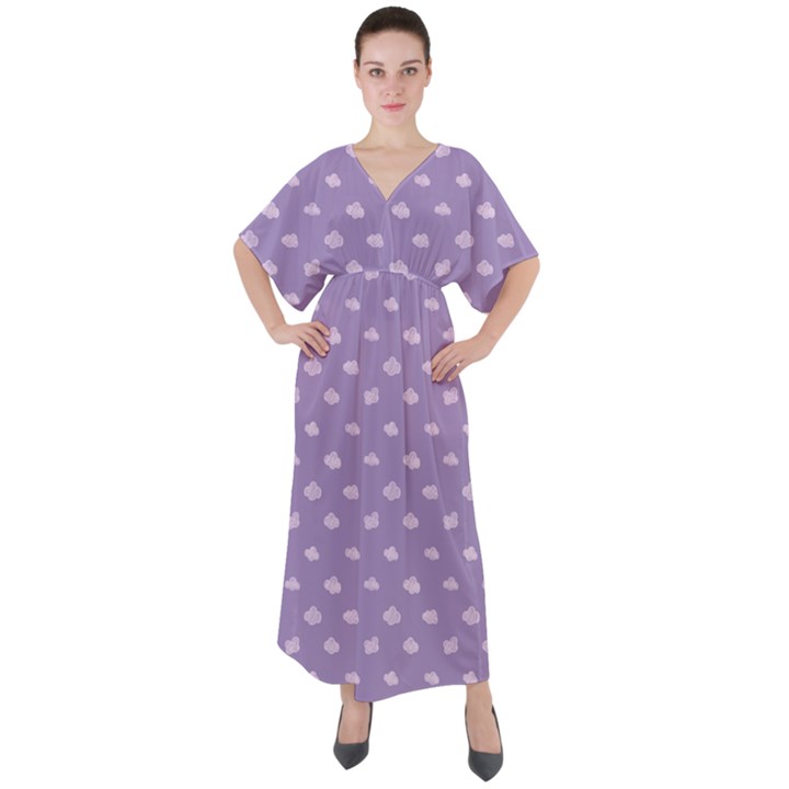 Pink Clouds On Purple Background V-Neck Boho Style Maxi Dress