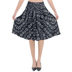 Black And White Modern Intricate Ornate Pattern Flared Midi Skirt by dflcprintsclothing