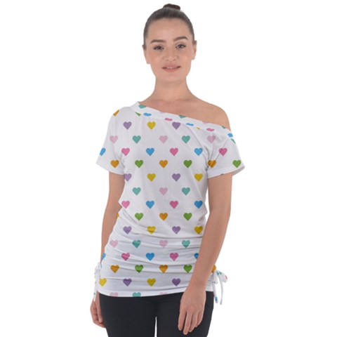 Small Multicolored Hearts Off Shoulder Tie-up Tee by SychEva