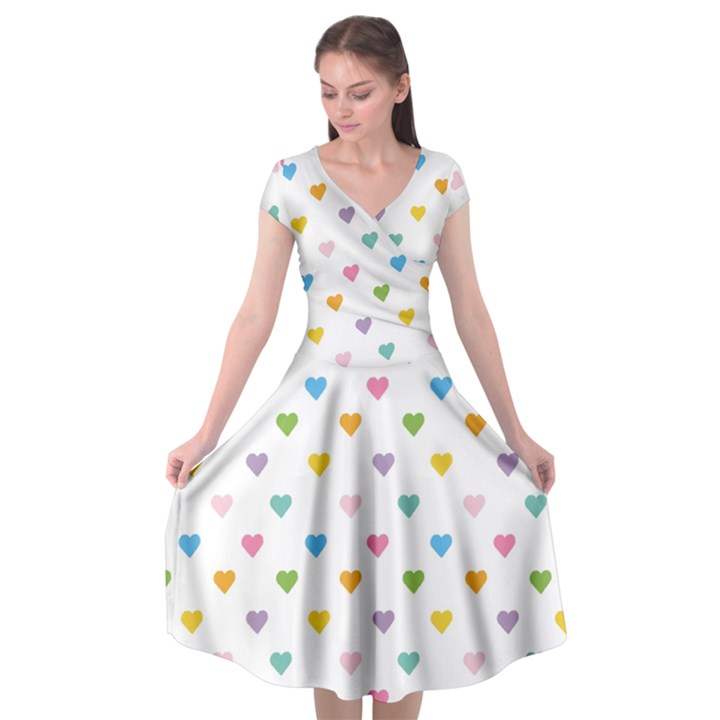 Small Multicolored Hearts Cap Sleeve Wrap Front Dress