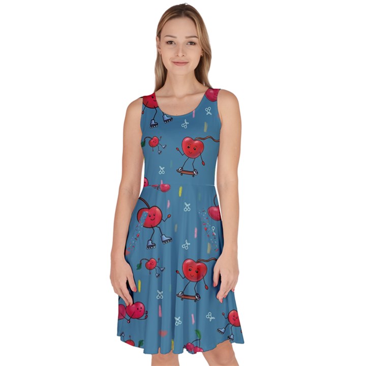 Red Cherries Athletes Knee Length Skater Dress With Pockets