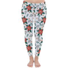 Large Christmas Poinsettias On White Classic Winter Leggings by PodArtist