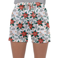 Large Christmas Poinsettias On White Sleepwear Shorts by PodArtist