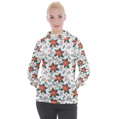 Large Christmas Poinsettias On White Women s Hooded Pullover by PodArtist