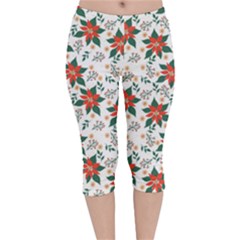 Large Christmas Poinsettias On White Velvet Capri Leggings  by PodArtist