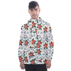 Large Christmas Poinsettias On White Men s Front Pocket Pullover Windbreaker by PodArtist