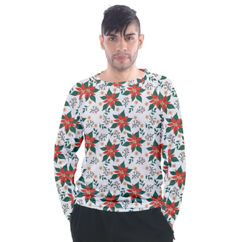 Large Christmas Poinsettias On White Men s Long Sleeve Raglan Tee by PodArtist