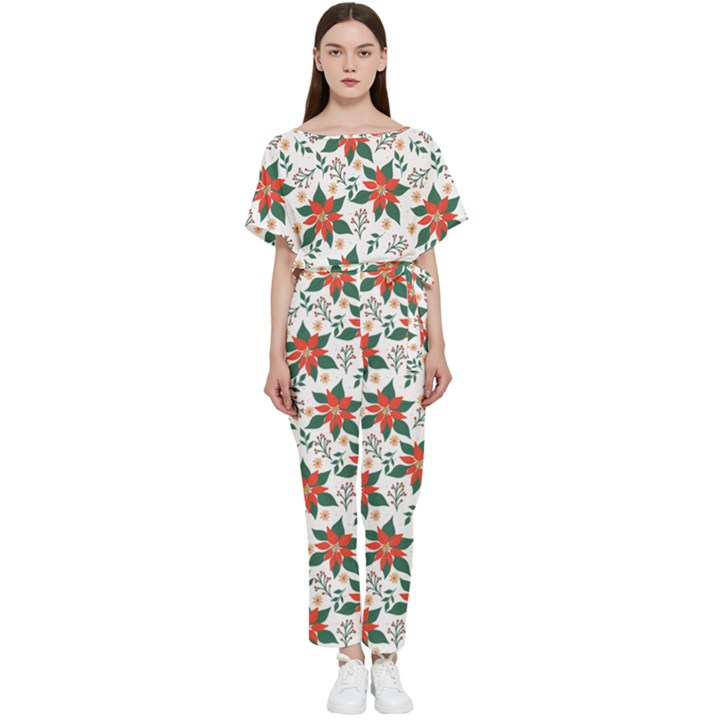 Large Christmas Poinsettias On White Batwing Lightweight Jumpsuit