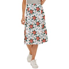 Large Christmas Poinsettias On White Midi Panel Skirt by PodArtist