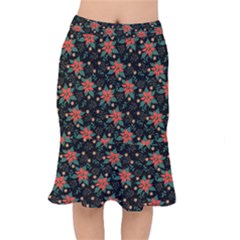 Large Christmas Poinsettias On Black Short Mermaid Skirt by PodArtist