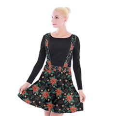 Large Christmas Poinsettias On Black Suspender Skater Skirt by PodArtist