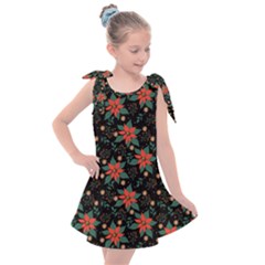 Large Christmas Poinsettias On Black Kids  Tie Up Tunic Dress by PodArtist