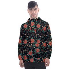 Large Christmas Poinsettias On Black Men s Front Pocket Pullover Windbreaker by PodArtist