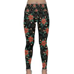 Large Christmas Poinsettias On Black Lightweight Velour Classic Yoga Leggings by PodArtist