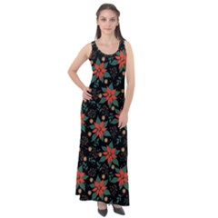 Large Christmas Poinsettias On Black Sleeveless Velour Maxi Dress by PodArtist