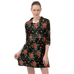 Large Christmas Poinsettias On Black Mini Skater Shirt Dress by PodArtist