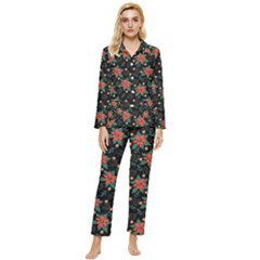 Large Christmas Poinsettias On Black Womens  Long Sleeve Pocket Pajamas Set by PodArtist