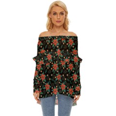 Large Christmas Poinsettias On Black Off Shoulder Chiffon Pocket Shirt