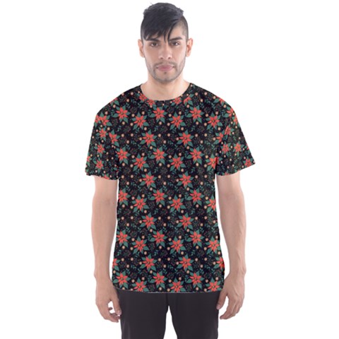 Medium Red Christmas Poinsettias On Black Men s Sport Mesh Tee by PodArtist