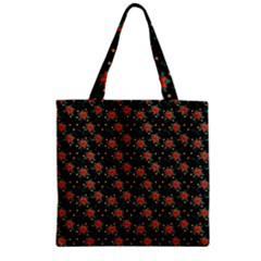 Medium Red Christmas Poinsettias On Black Zipper Grocery Tote Bag by PodArtist