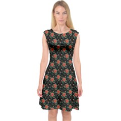 Medium Red Christmas Poinsettias On Black Capsleeve Midi Dress by PodArtist