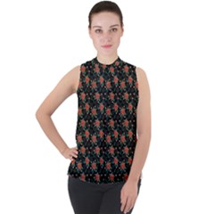 Medium Red Christmas Poinsettias On Black Mock Neck Chiffon Sleeveless Top by PodArtist