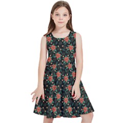 Medium Red Christmas Poinsettias On Black Kids  Skater Dress by PodArtist