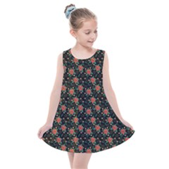 Medium Red Christmas Poinsettias On Black Kids  Summer Dress by PodArtist