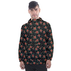 Medium Red Christmas Poinsettias On Black Men s Front Pocket Pullover Windbreaker by PodArtist