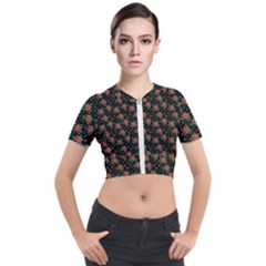 Medium Red Christmas Poinsettias On Black Short Sleeve Cropped Jacket