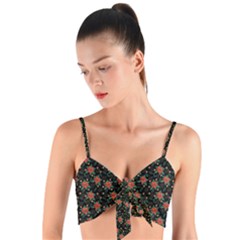 Medium Red Christmas Poinsettias On Black Woven Tie Front Bralet by PodArtist