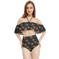 Medium Red Christmas Poinsettias On Black Halter Flowy Bikini Set  by PodArtist