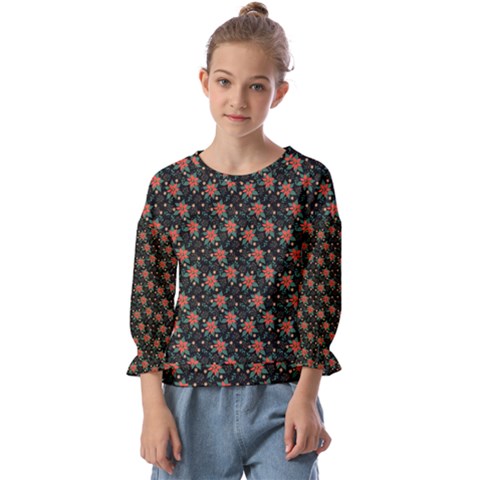 Medium Red Christmas Poinsettias On Black Kids  Cuff Sleeve Top by PodArtist