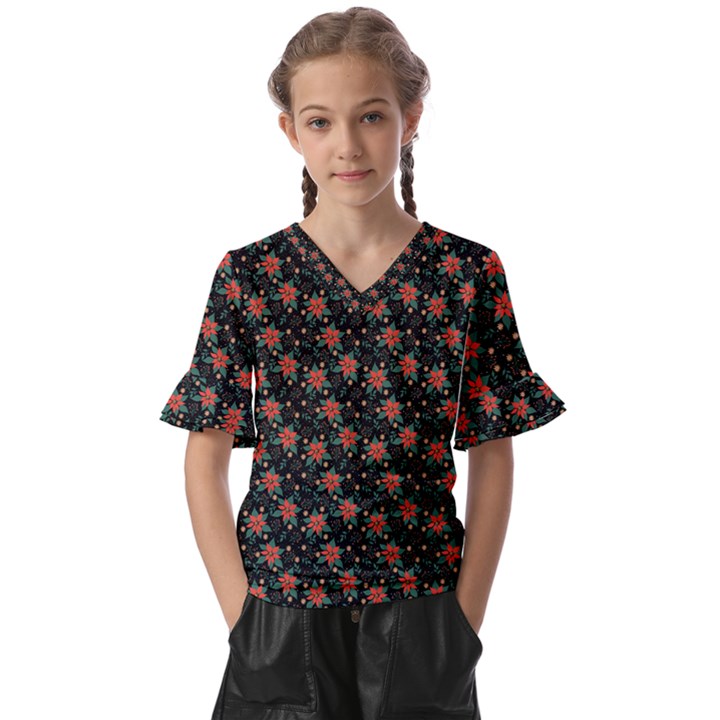 Medium Red Christmas Poinsettias on Black Kids  V-Neck Horn Sleeve Blouse