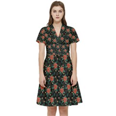 Medium Red Christmas Poinsettias On Black Short Sleeve Waist Detail Dress