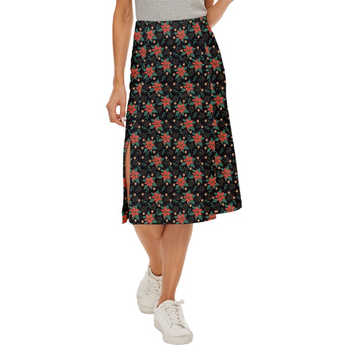 Medium Red Christmas Poinsettias on Black Midi Panel Skirt