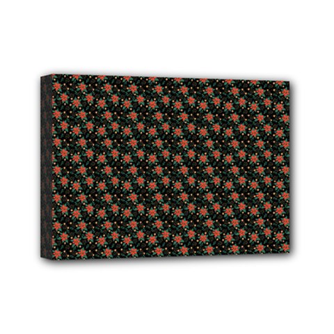 Small Red Christmas Poinsettias On Black Mini Canvas 7  X 5  (stretched) by PodArtist