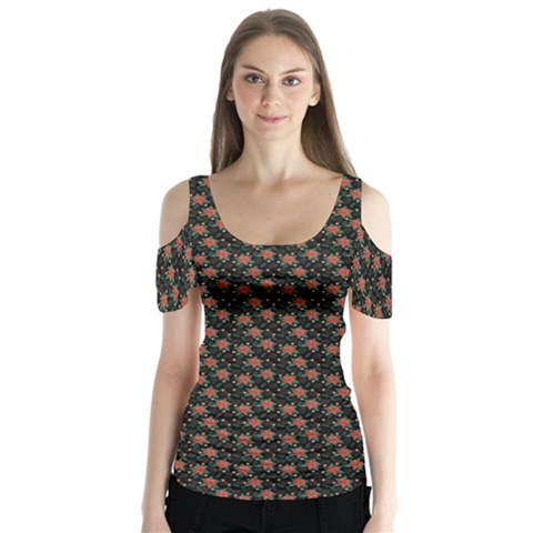 Small Red Christmas Poinsettias On Black Butterfly Sleeve Cutout Tee  by PodArtist