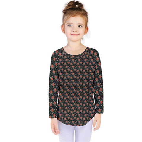 Small Red Christmas Poinsettias On Black Kids  Long Sleeve Tee by PodArtist