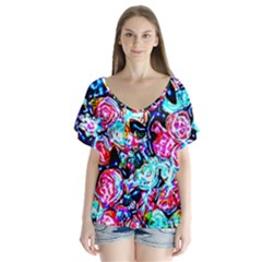 Neon Floral V-neck Flutter Sleeve Top by 3cl3ctix