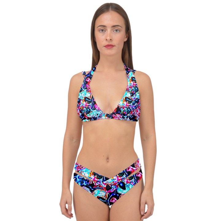 Neon Floral Double Strap Halter Bikini Set