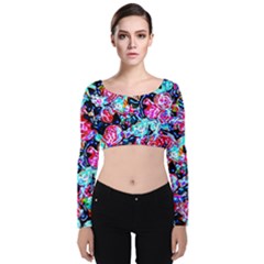 Neon Floral Velvet Long Sleeve Crop Top by 3cl3ctix