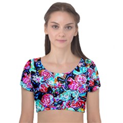 Neon Floral Velvet Short Sleeve Crop Top  by 3cl3ctix