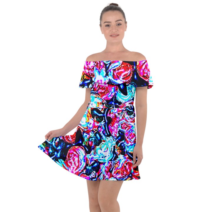 Neon Floral Off Shoulder Velour Dress