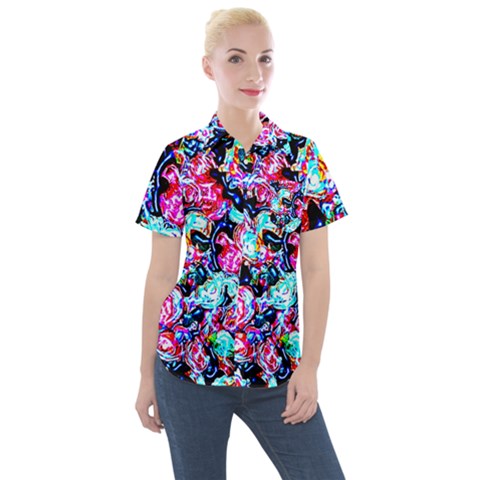 Neon Floral Women s Short Sleeve Pocket Shirt by 3cl3ctix