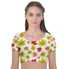 Bright Autumn Leaves Velvet Short Sleeve Crop Top  by SychEva