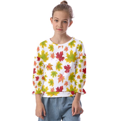 Bright Autumn Leaves Kids  Cuff Sleeve Top by SychEva